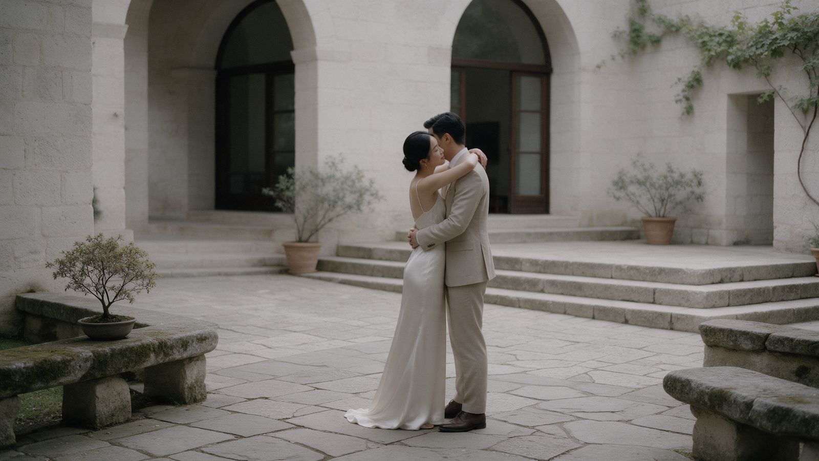 Wedding couple embracing in a stone courtyard
