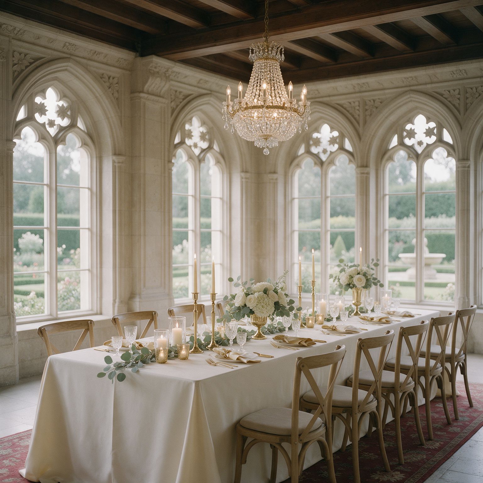 Wedding reception table under a chandelier in a Gothic hall