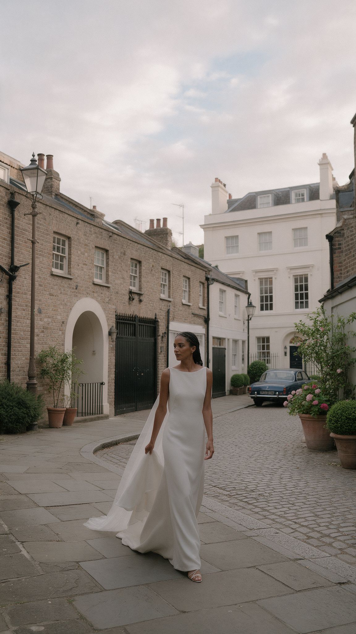 Bride walking along a cobbled London mews