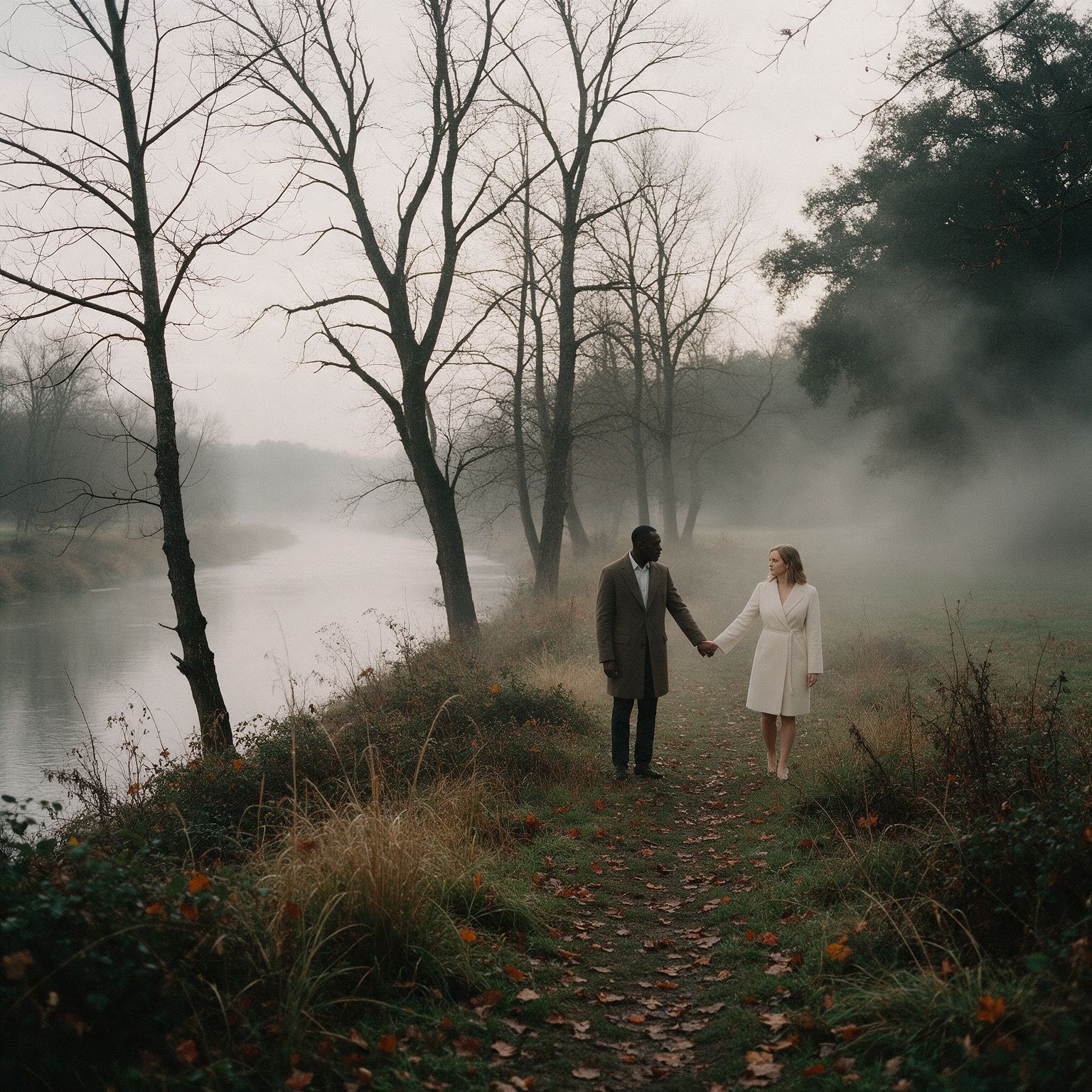 Couple walking hand in hand along a misty riverbank