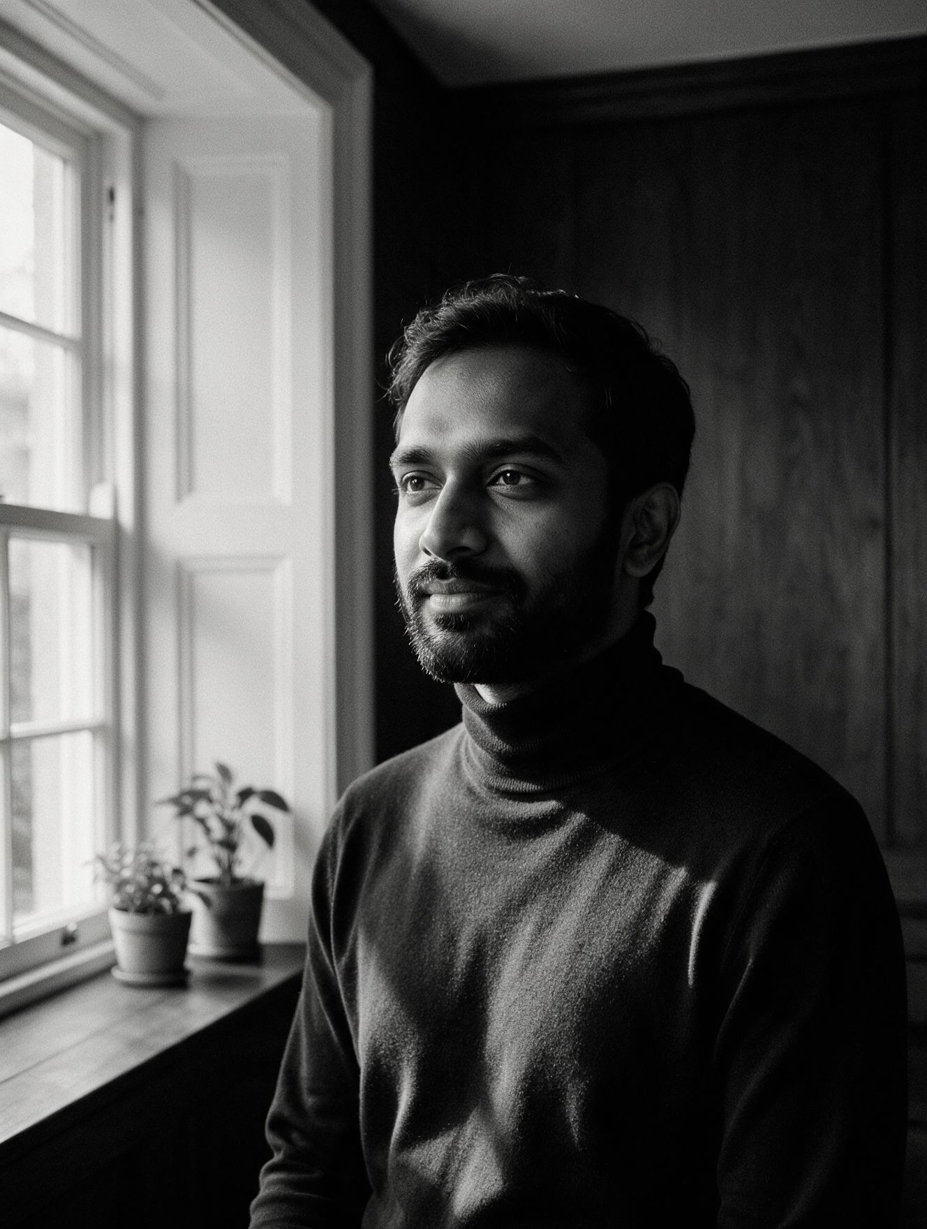 Black and white portrait of a man by a window