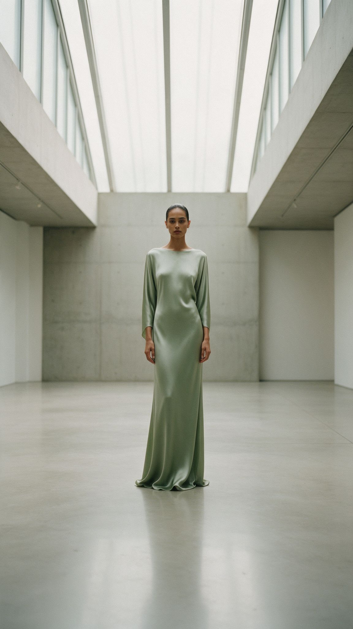 Woman in a sage green satin dress in a bright concrete hall