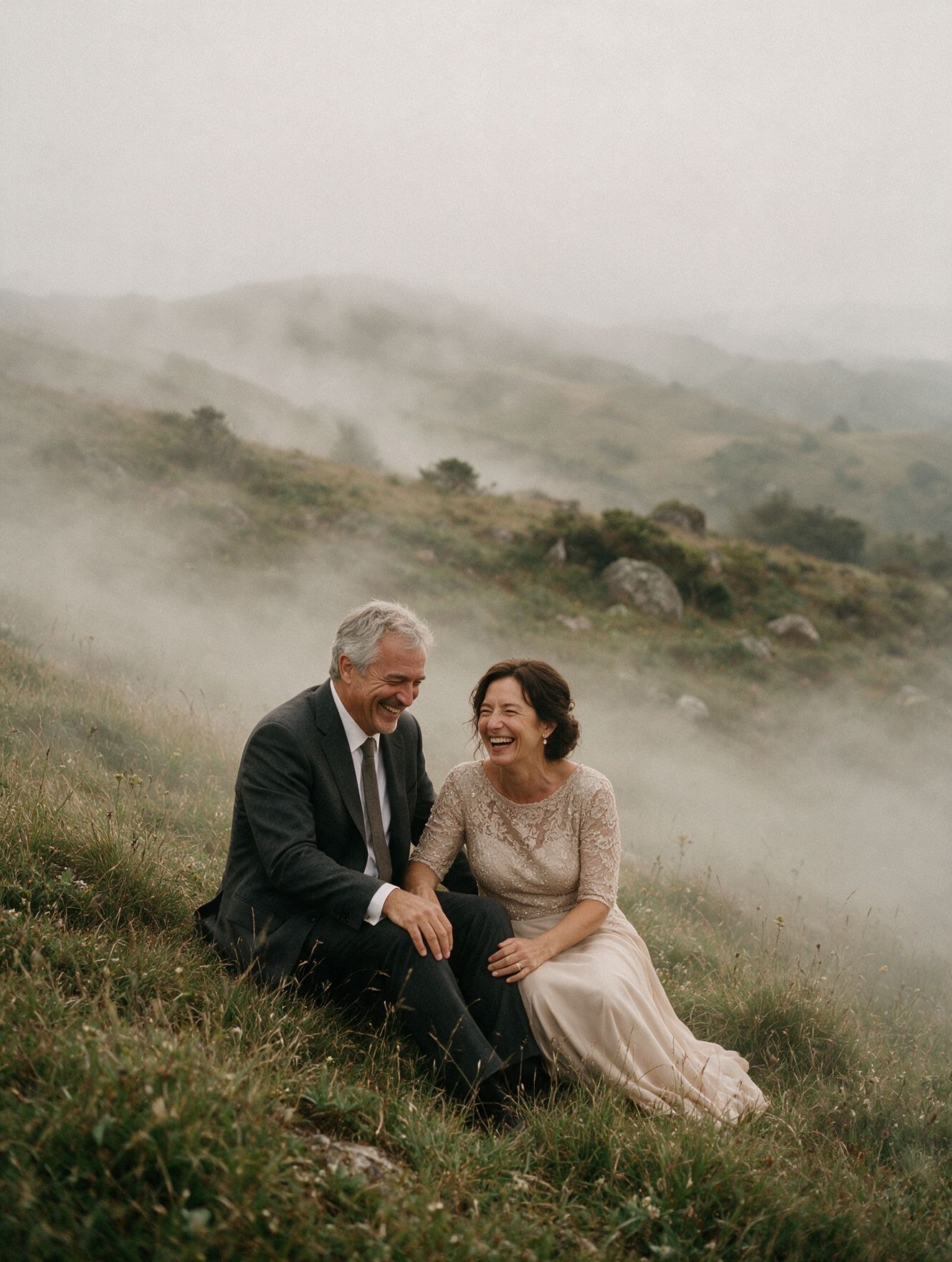 Older couple sitting on a misty hillside
